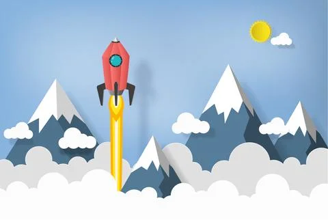 Space rocket launch to the sky, mountains and clouds on background. vector .. Illustrazione stock