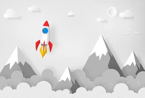 Space rocket launch to the sky, mountains, trees and clouds on background. .. Illustrazione stock