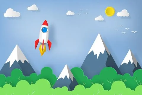 Space rocket launch to the sky, mountains, trees and clouds on background. .. Illustrazione stock