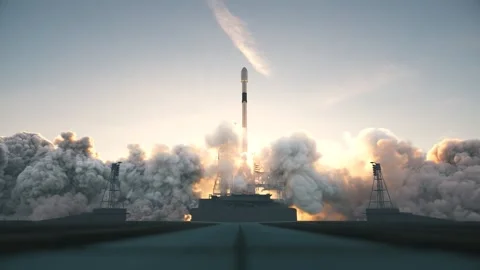 Space rocket launch from spaceport. Space launch system. Launch of the spaceship Stock Footage 249997989