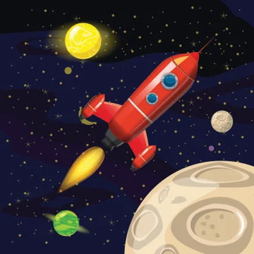 Space rocket launch, spaceship, space background, cartoon style, Vector Stock Illustration
