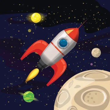 Space rocket launch, spaceship, space background, cartoon style, Vector Stock Illustration