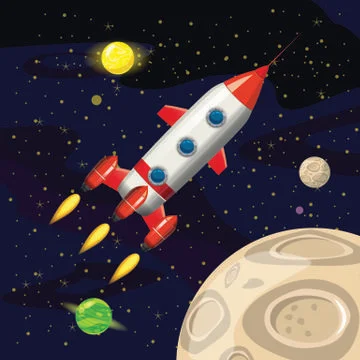 Space rocket launch, spaceship, space background, cartoon style, Vector Stock Illustration