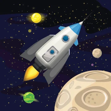 Space rocket launch, spaceship, space background, cartoon style, Vector Stock Illustration
