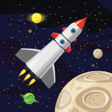 Space rocket launch, spaceship, space background, cartoon style, Vector Stock Illustration