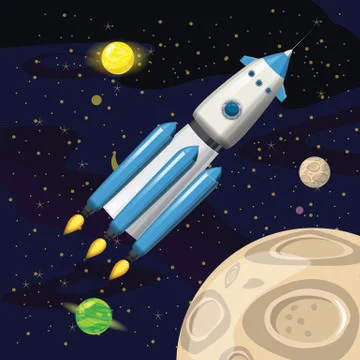 Space rocket launch, spaceship, space background, cartoon style, Vector Stock Illustration