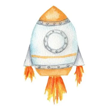 Space rocket launch. Spaceship start isolated watercolor illustration. Cute Stock Illustration