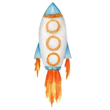 Space rocket launch. Spaceship start isolated watercolor illustration. Cute Stock Illustration