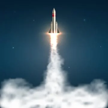 Space rocket launch. Spaceship take off with fire and jet smoky trail. Space Stockillustratie