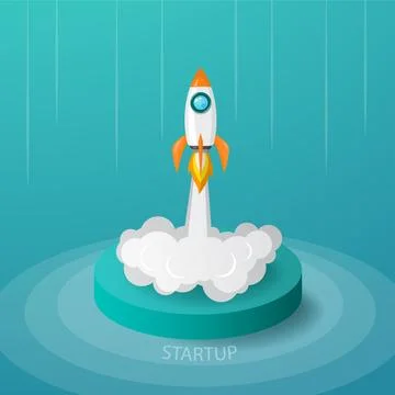 Space rocket launch from stage to the sky in startup concept of business or.. Illustrazione stock