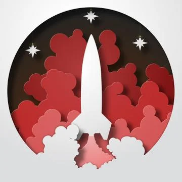 Space Rocket launch startup. Paper cut style. Vector illustration Stock Illustration