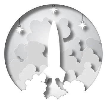 Space Rocket launch startup. Paper cut style. Vector illustration Stock Illustration