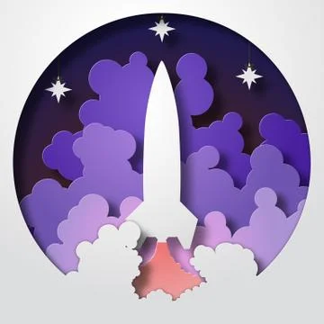 Space Rocket launch startup. Paper cut style. Vector illustration 스톡 일러스트