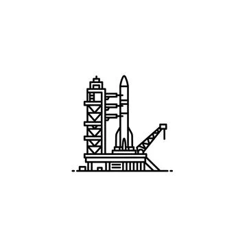 Space rocket on launch tower outline icon with symbolizes space travel and Stock Illustration