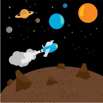 Space rocket launch. Vector illustration with flying rocket. Space travel. Stock Illustration