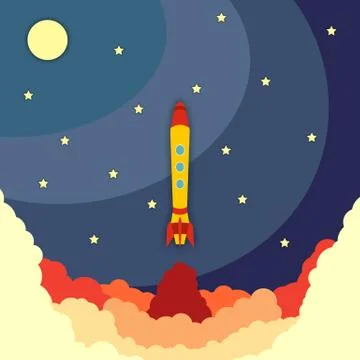 Space rocket launch. Vector illustration with flying rocket Stock Illustration