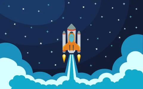 Space rocket launch. Vector illustration with flying rocket Stock Illustration