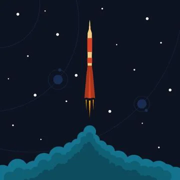 Space rocket launch. Vector illustration with flying rocket. Stock Illustration