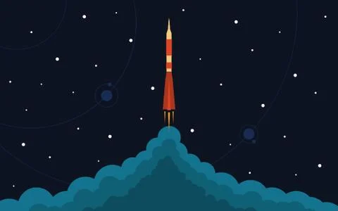 Space rocket launch. Vector illustration with flying rocket Stock Illustration