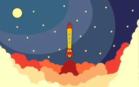 Space rocket launch. Vector illustration with flying rocket Stock Illustration