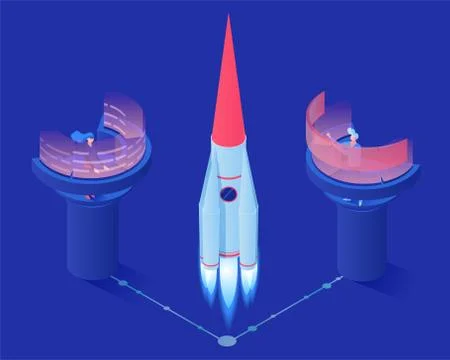 Space rocket launch vector isometric illustration. Space station workers Stock Illustration