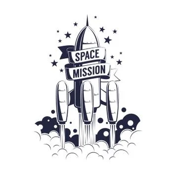Space rocket launch - vintage emblem with ribbon Stock Illustration