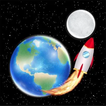 Space rocket launching from earth to moon Stock Illustration