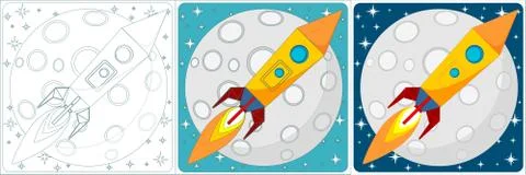Space rocket on moon background. Set. Vector Stock Illustration