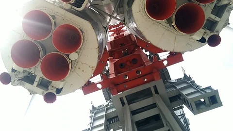 Space rocket nozzle. The spacecraft is located on the launch pad. Stock Footage 113571862