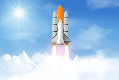 Space rocket or spaceship launch up to sky. business start up concept. succes Stock Illustration