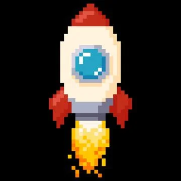 Space rocket or spaceship vector pixel art, retro 8 bit video game cosmos Illustrazione stock
