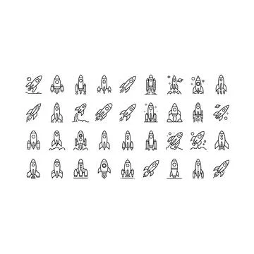 Space rocket outline icons set - monochrome spaceship launch symbols Stock Illustration