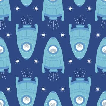 Space rocket pattern design with cats and mice,vector seamless repeat backgro Stock Illustration