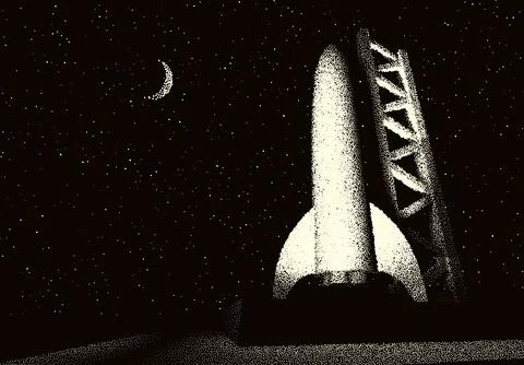 Space rocket ready to start on launching site. Spaceship takeoff countdown Stock Illustration