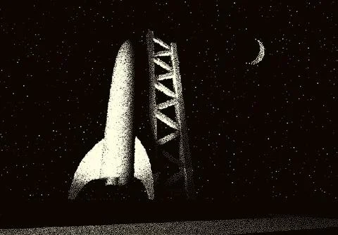 Space rocket ready to start on launching site. Spaceship takeoff countdown Stock Illustration