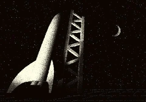 Space rocket ready to start on launching site. Spaceship takeoff countdown Stock Illustration