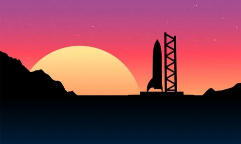 Space rocket ready to start on launching site. Spaceship silhouette takeoff Stock Illustration