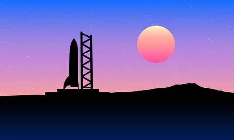 Space rocket ready to start on launching site. Spaceship silhouette takeoff Stock Illustration