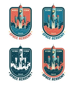 Space rocket retro badge with launch rocket Stock Illustration
