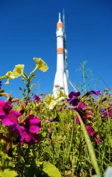 Space rocket in the Samara, View across flowerbed Stock Photos