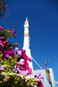 Space rocket in the Samara, View across flowerbed Stock Photos