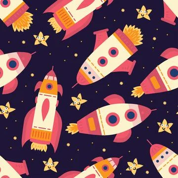 Space rocket seamless pattern in cartoon style. Vector pattern. Stock Illustration