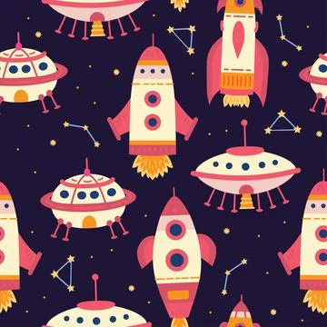 Space rocket seamless pattern in cartoon style. Vector pattern. Stock Illustration