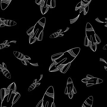 Space rocket seamless pattern. White on black background. Stock Illustration