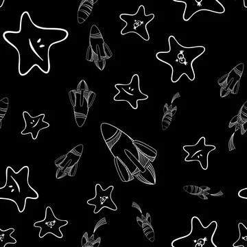Space rocket seamless pattern. White on black background. Stock Illustration