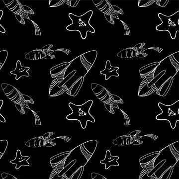 Space rocket seamless pattern. White on black background. Illustrazione stock