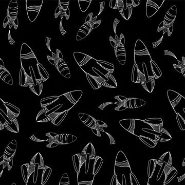 Space rocket seamless pattern. White on black background. Stock Illustration