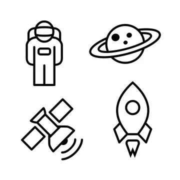 Space rocket ship icon set, with astronaut, outer space, satellite and ship.  Illustrazione stock