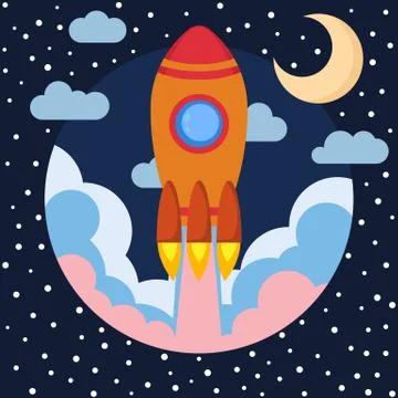 Space rocket ship in round piece with Moon and clouds Illustrazione stock