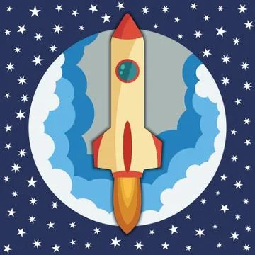 Space rocket ship in round piece. Space rocket launch Stock Illustration